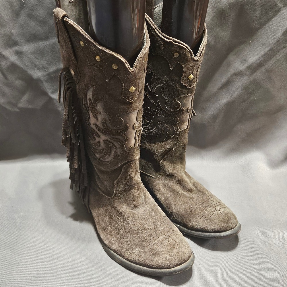 Roper Brown Gray Suede Fringe Western Boots Studded Cowgirl womens size 9